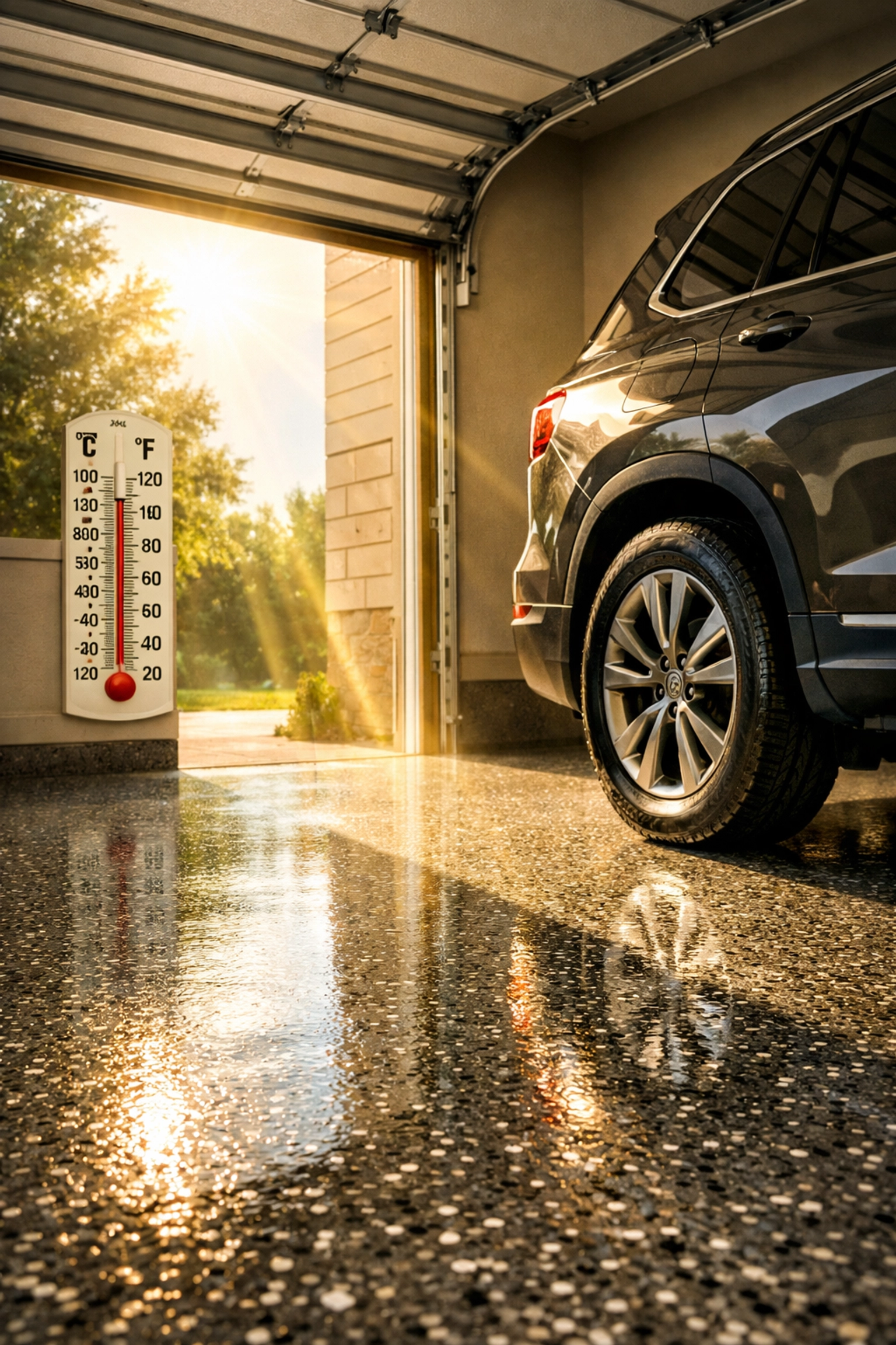 Epoxy garage floor coating in Madison MS withstanding intense Mississippi summer heat and sunlight