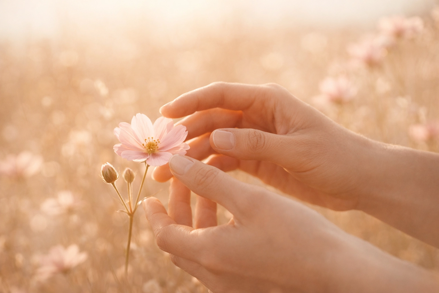 A close-up, candid real-life photograph with warm natural golden hour light in glowing gold, soft whites, and airy sunset pinks, representing the living frequency of true spirit connection.