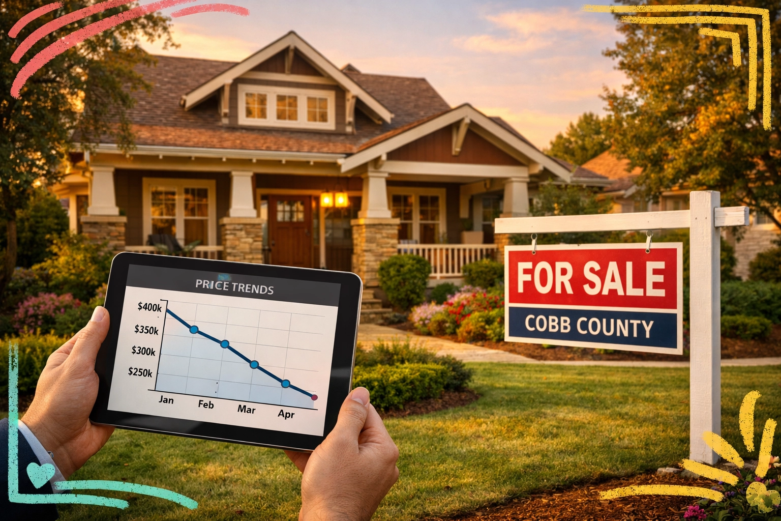 Cobb County home for sale with real estate agent analyzing 2026 pricing data on tablet
