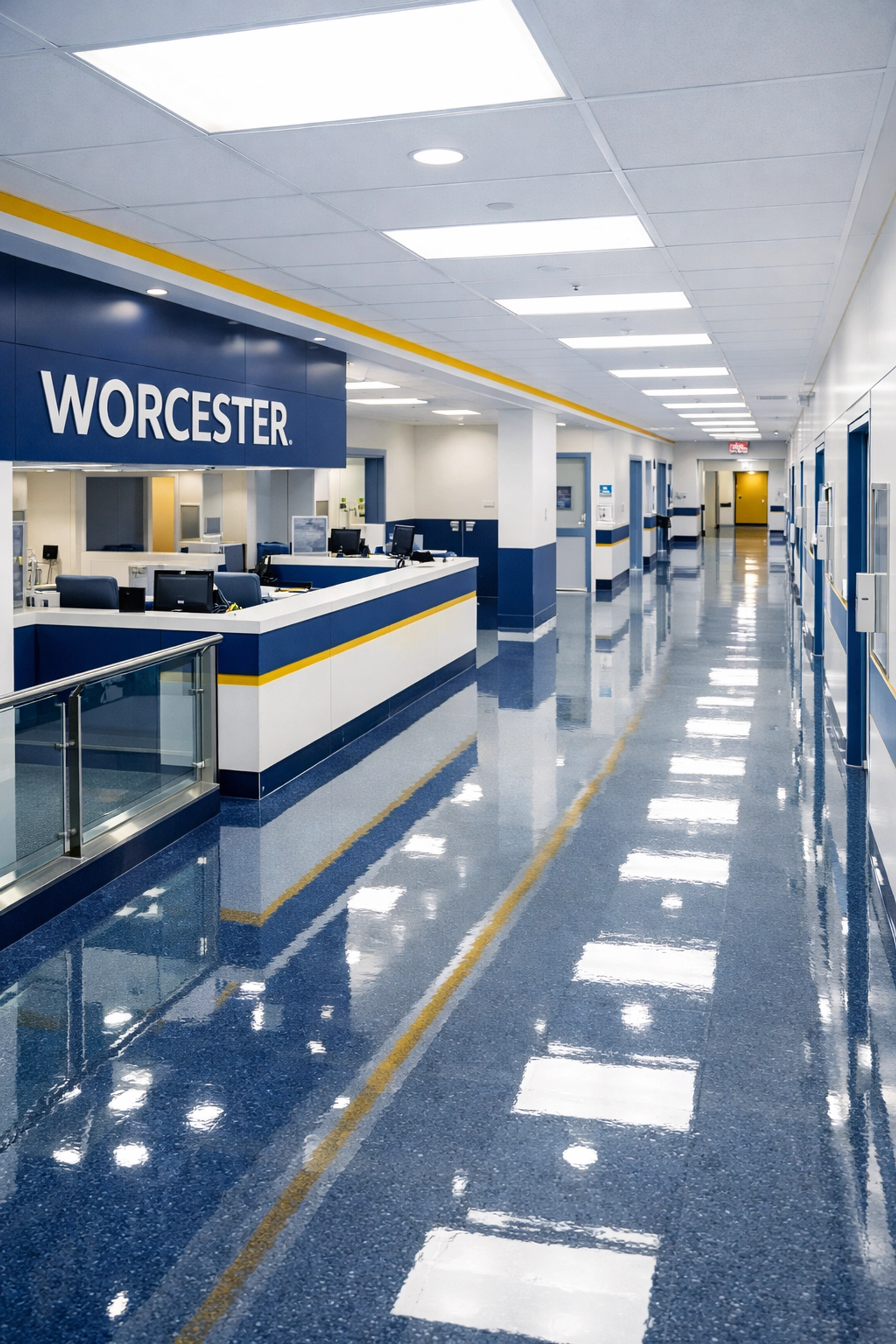 Sterile medical corridor in Worcester with polished floors showing professional healthcare sanitization standards.