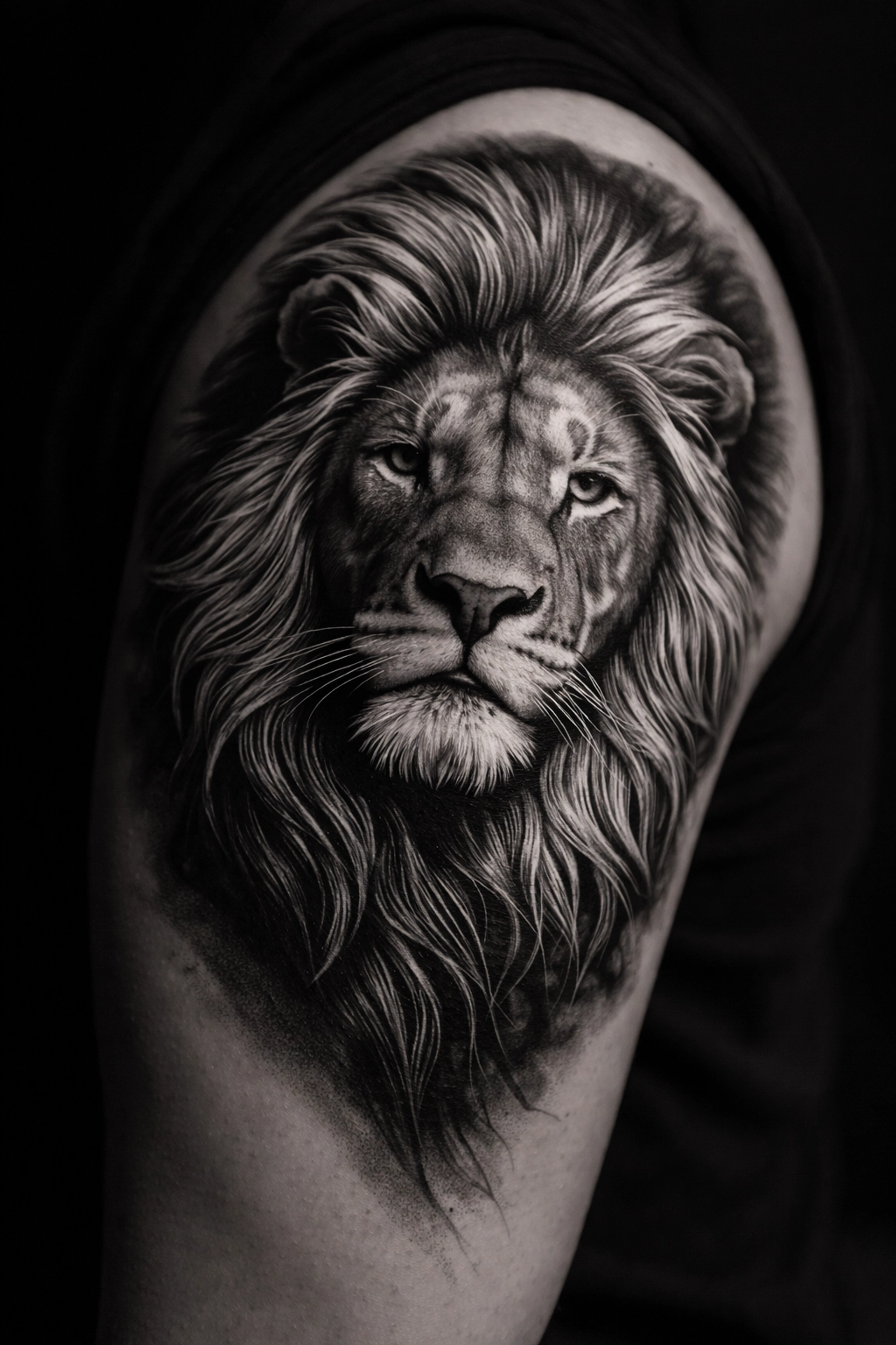 Close-up of a realistic lion portrait tattoo on an upper arm, showing expert detail and shading