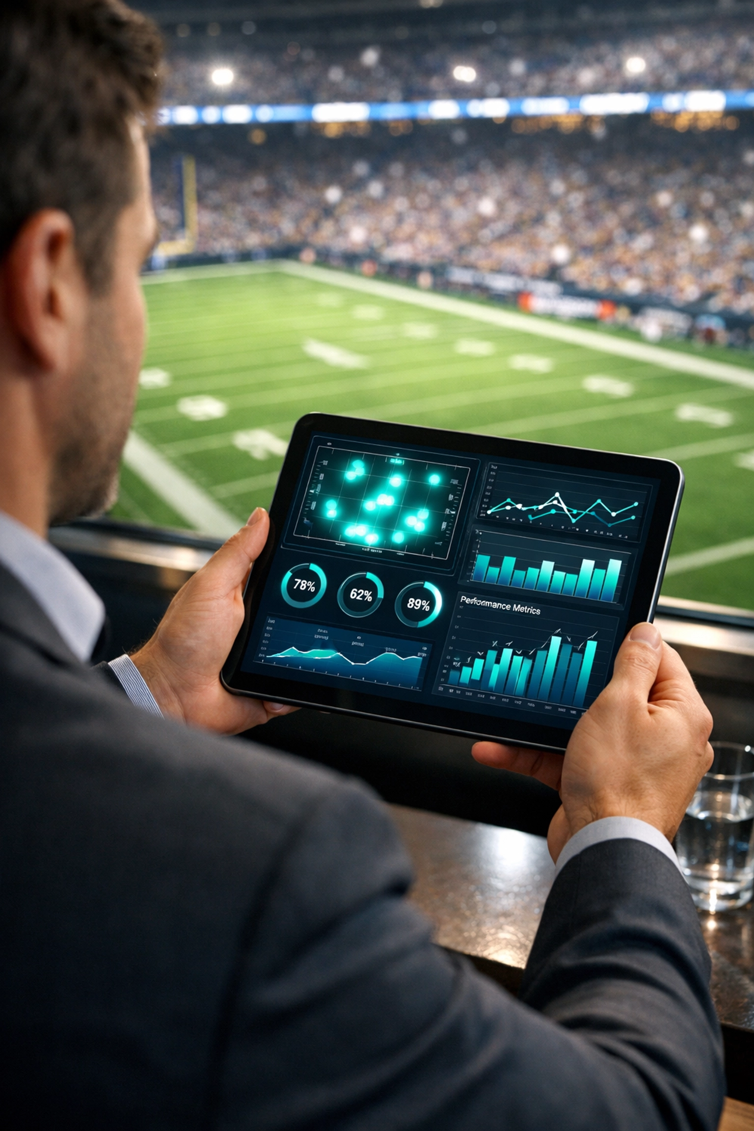 Advertising data dashboard on a tablet overlooking a football field during a major sports event.
