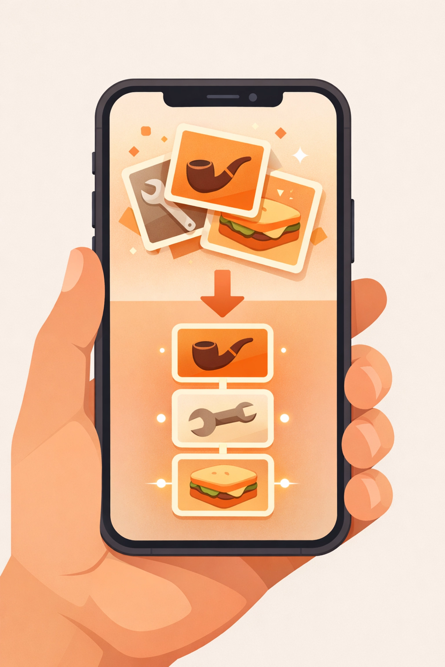 Smartphone showing messy construction photos organizing into a professional job photo timeline.