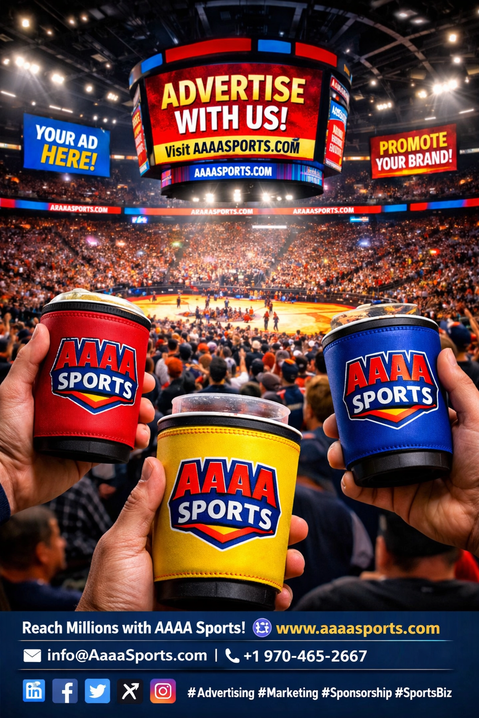 Super Bowl stadium packed with fans holding branded cupholders and digital advertising on jumbotron screens