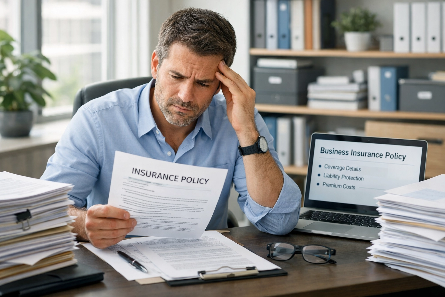 Small business owner reviewing commercial insurance documents in Cuyahoga County office
