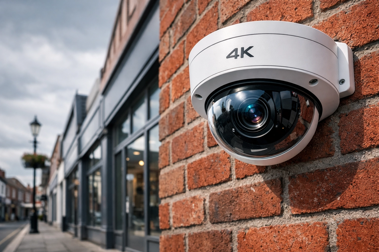 Professional 4K dome security camera installed on a UK commercial building exterior for insurance compliance.
