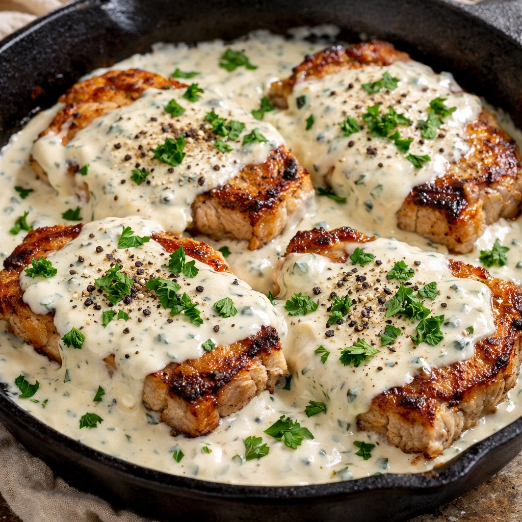 Juicy 5-ingredient ranch pork chops topped with creamy sauce and fresh herbs in a cast-iron skillet.