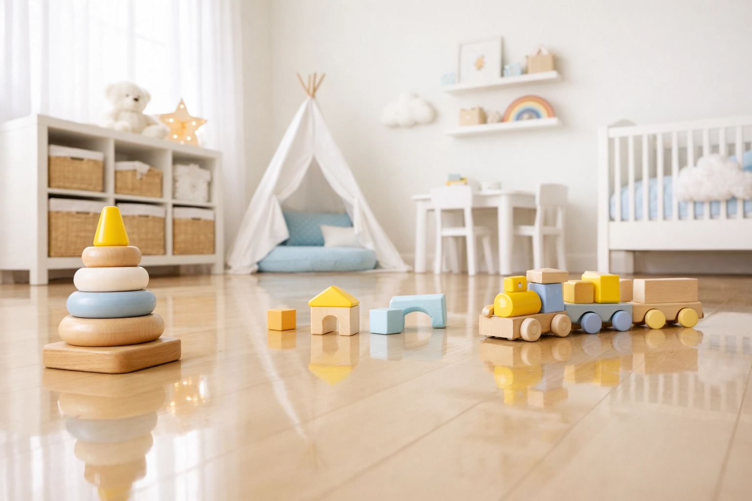A pristine and healthy child's playroom after a professional house cleaning.