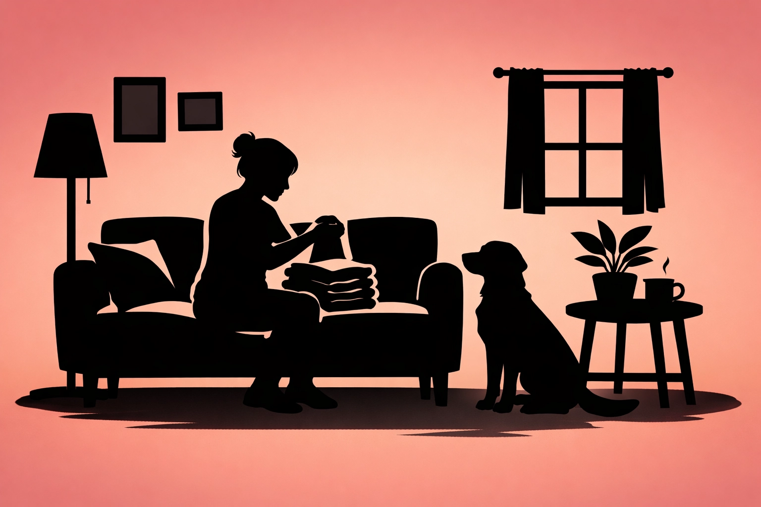 Domestic cleaner folding laundry in living room with family dog nearby