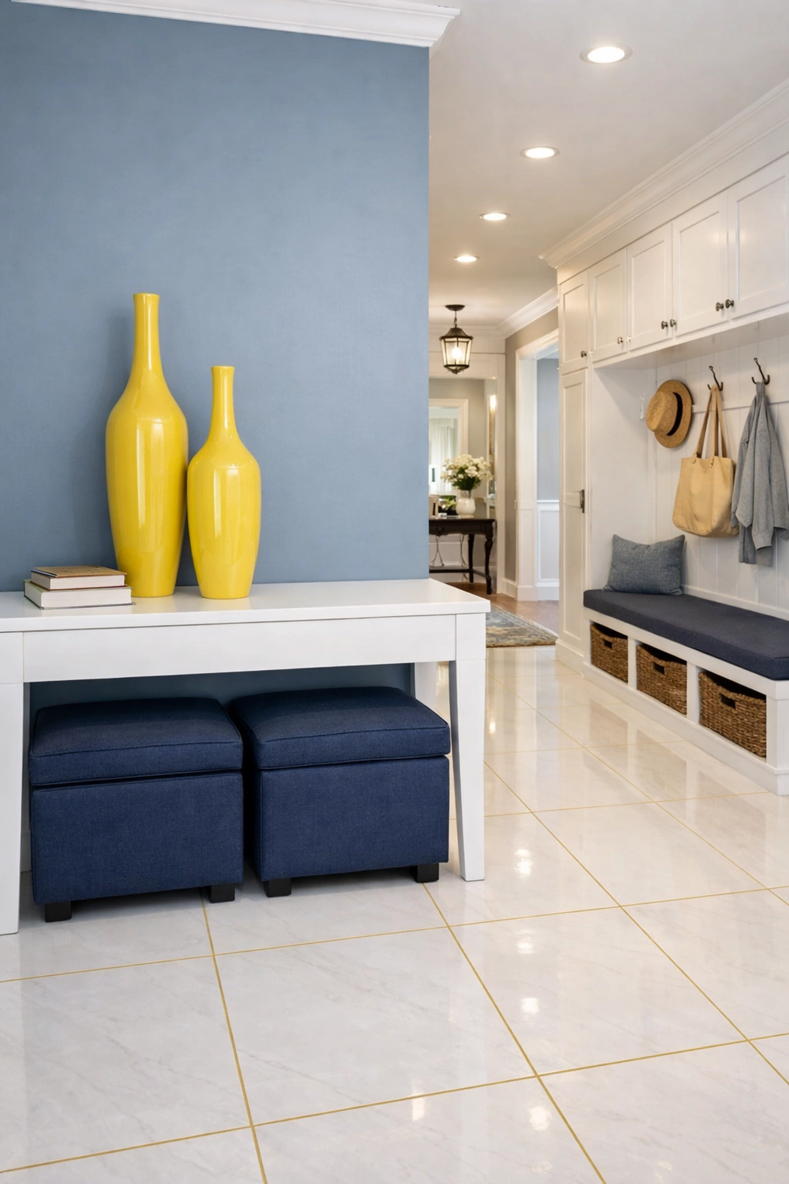 Spotless entryway with blue and yellow decor, highlighting the results of a professional cleaning routine.