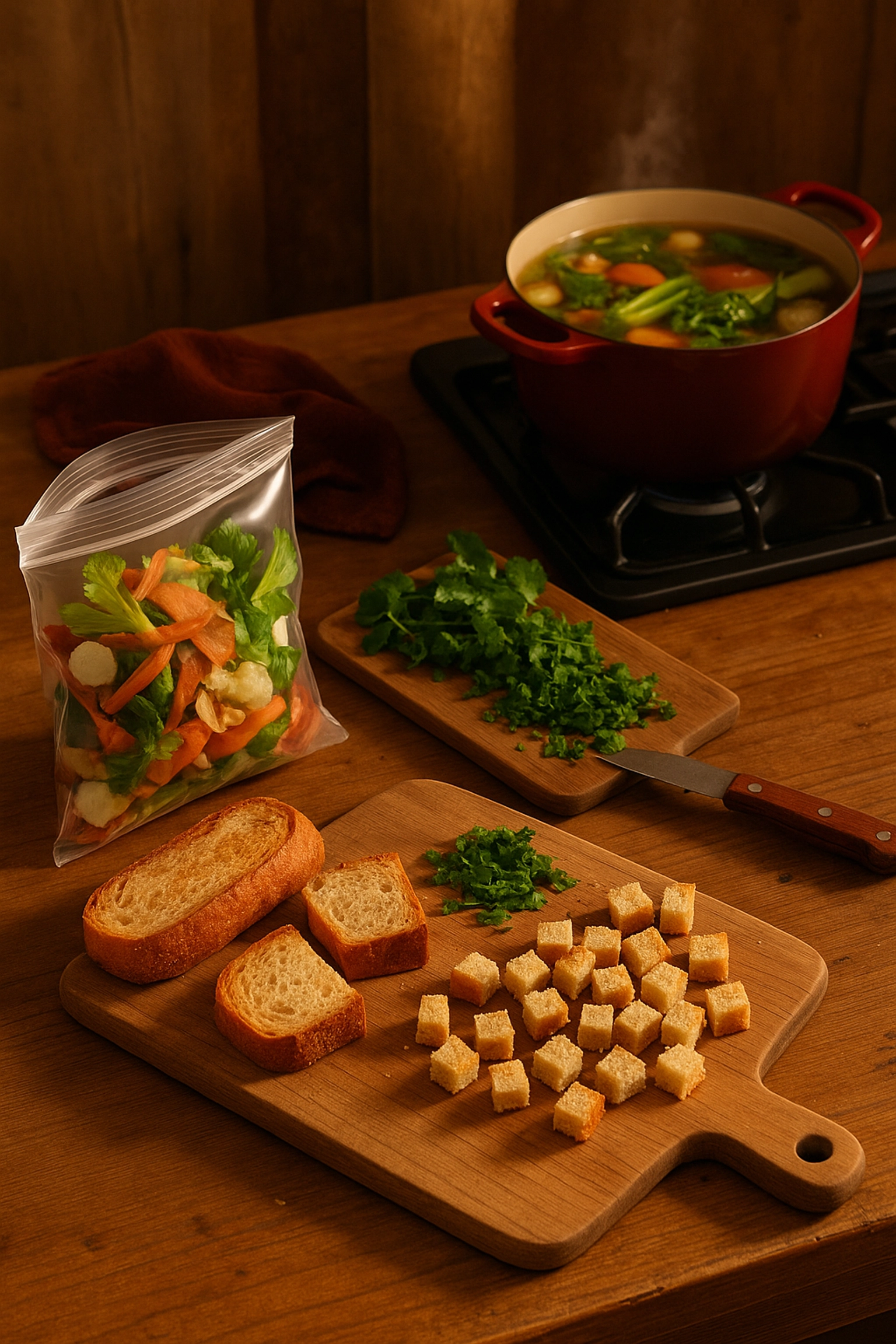 An image of a kitchen counter with a pot of soup simmering on the stove. In the foreground there are two cutting boards: One has fresh herbs with a knife resting on the boards. There is an open bag of veggies in a ziplock bag next to it. The second cutting board has some of the chopped herbs, and sliced of old bread being cut for croutons. Stop Wasting Money! Unlock the Secrets to Zero Food Waste