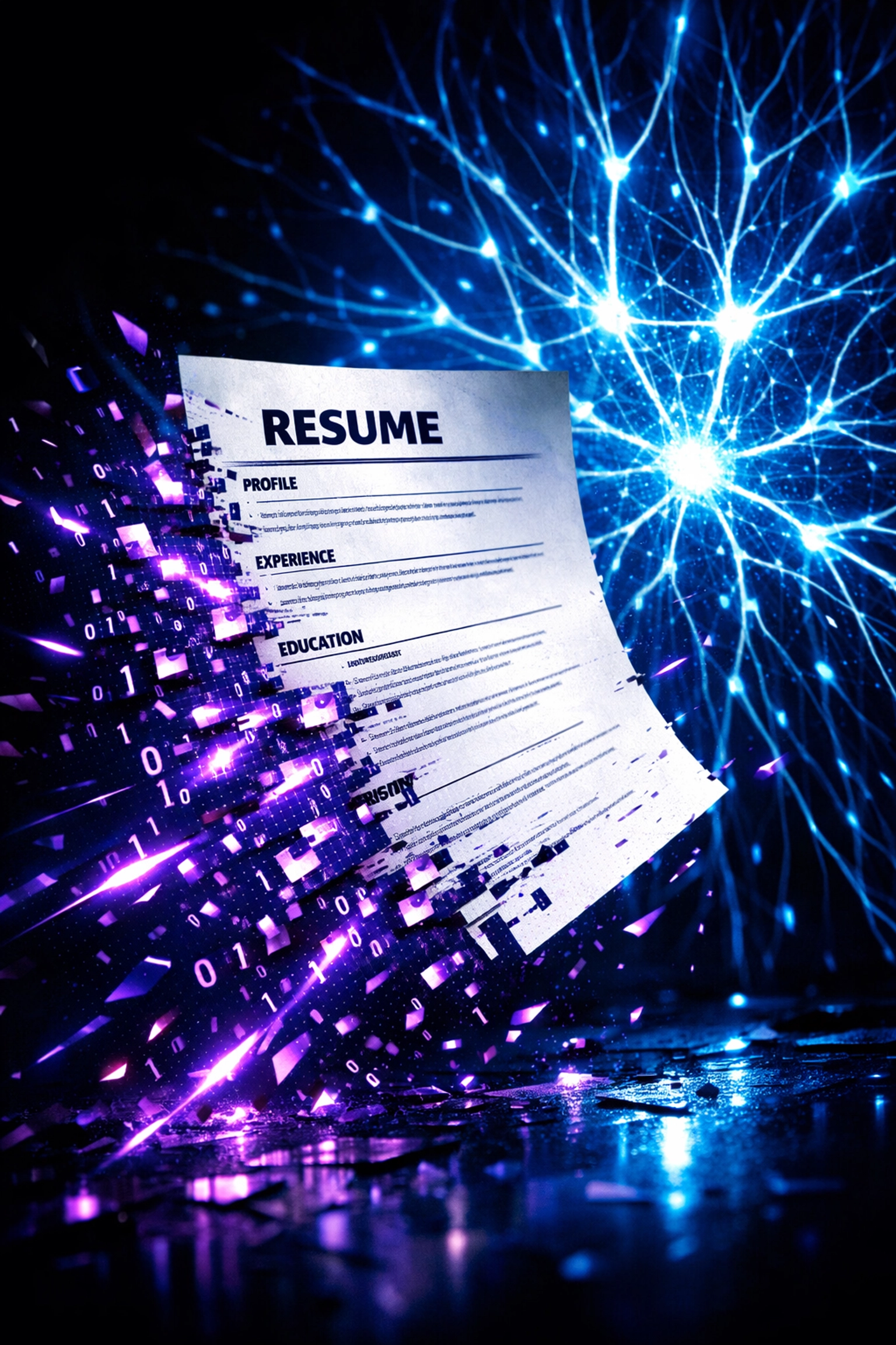 Traditional paper resume dissolving into digital code symbolizing the shift to AI assessments.