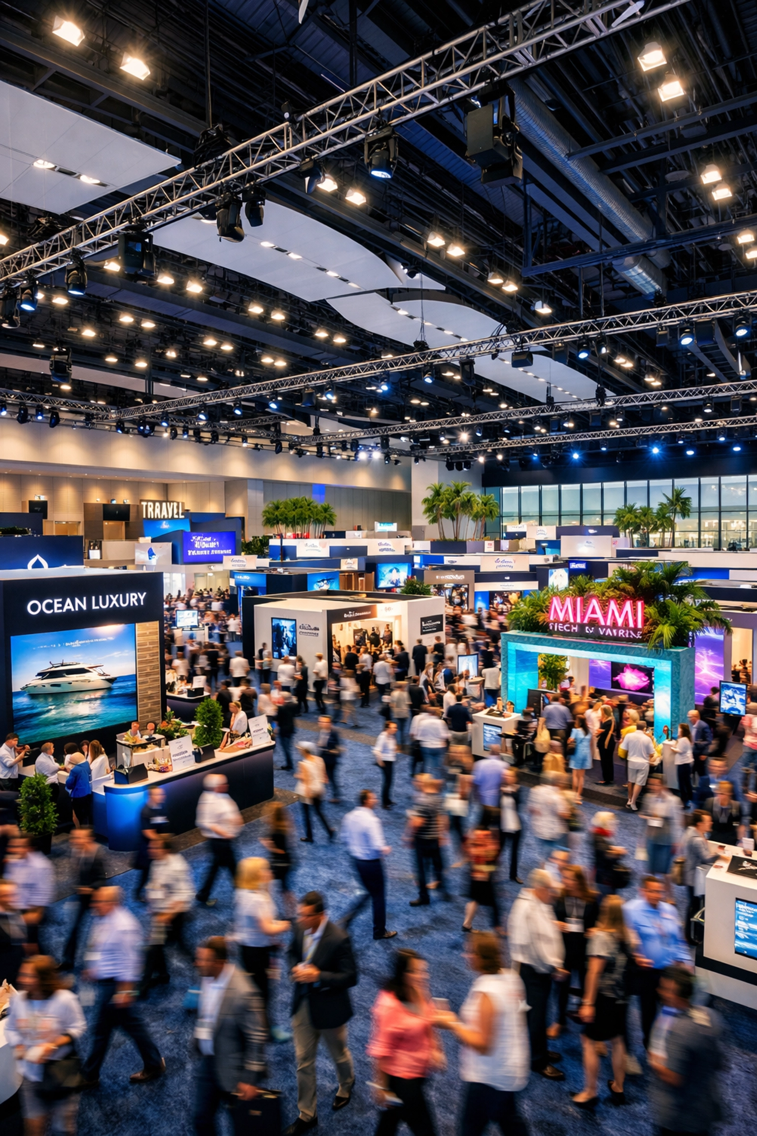 Bustling trade show floor with exhibition booths, captured by an experienced conference photographer in Miami.