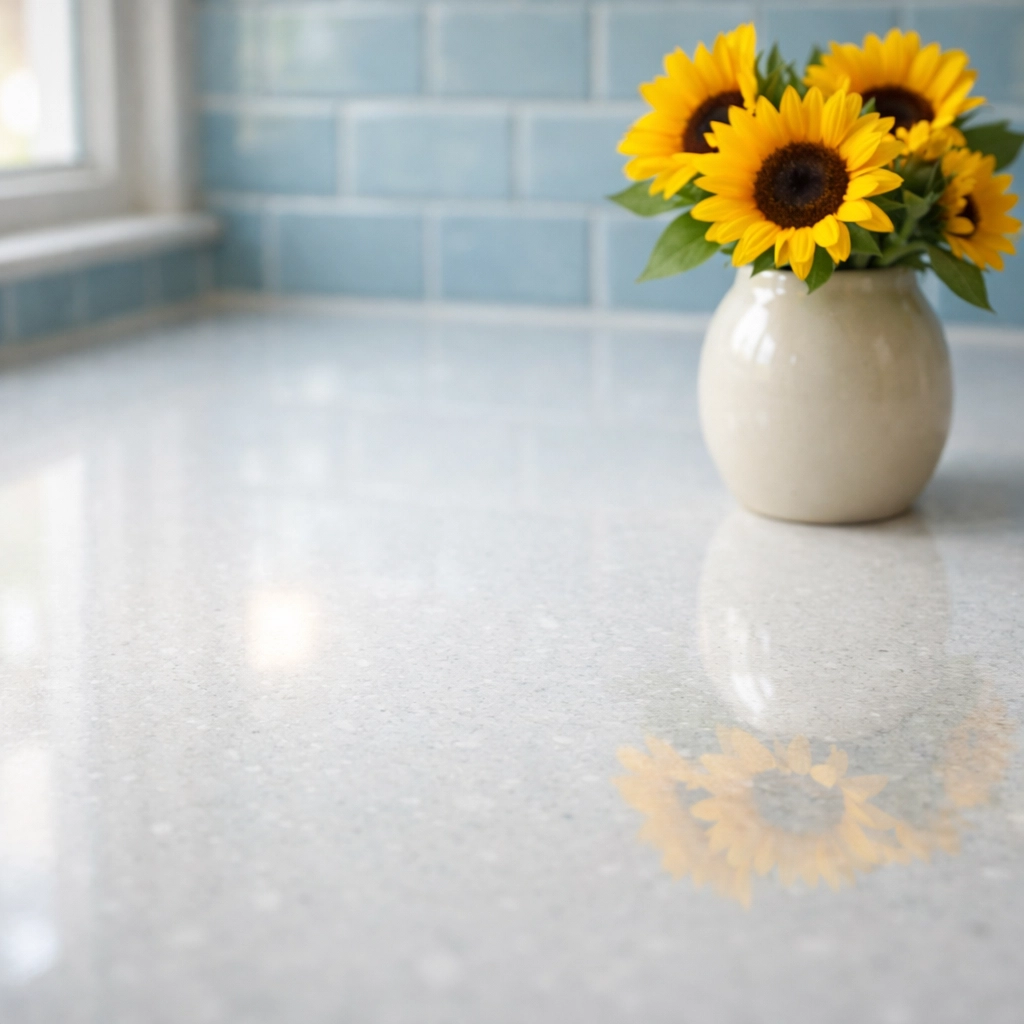 Spotless quartz countertop after eco-friendly house cleaning in a Bolton home kitchen.