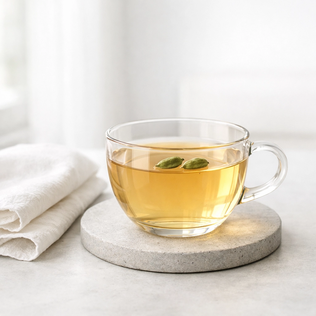 Steeped cardamom tea in a clear glass cup, promoting a healthy lifestyle and digestive balance.