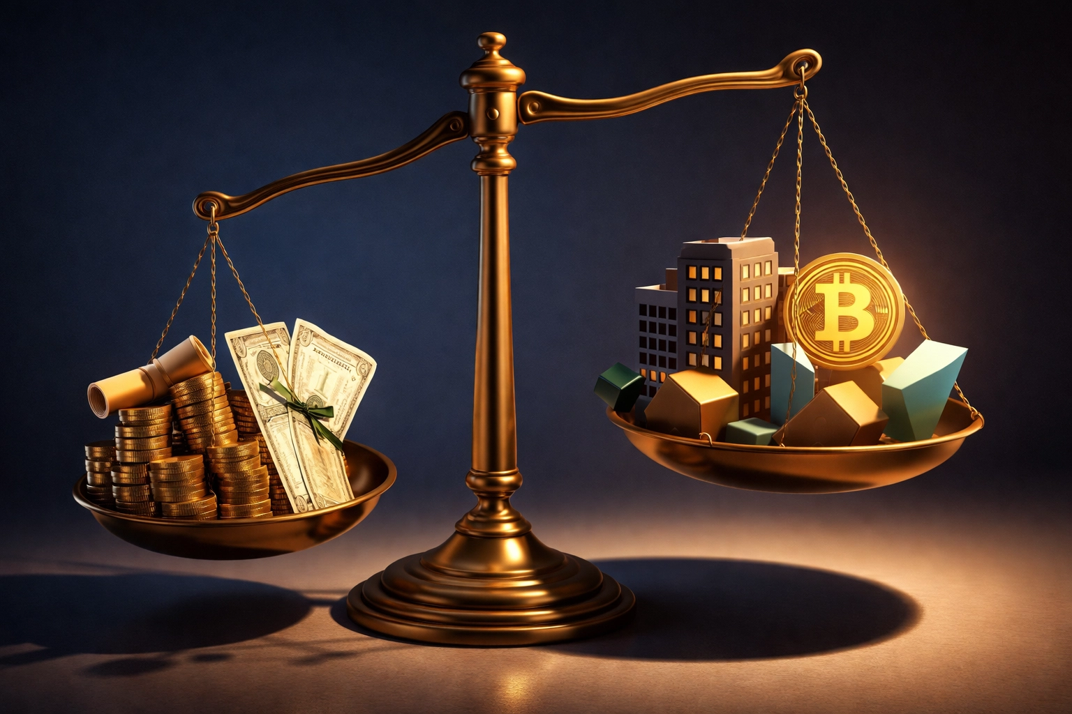 Balanced scale showing diverse portfolio assets including stocks, real estate, and Bitcoin for accredited investors