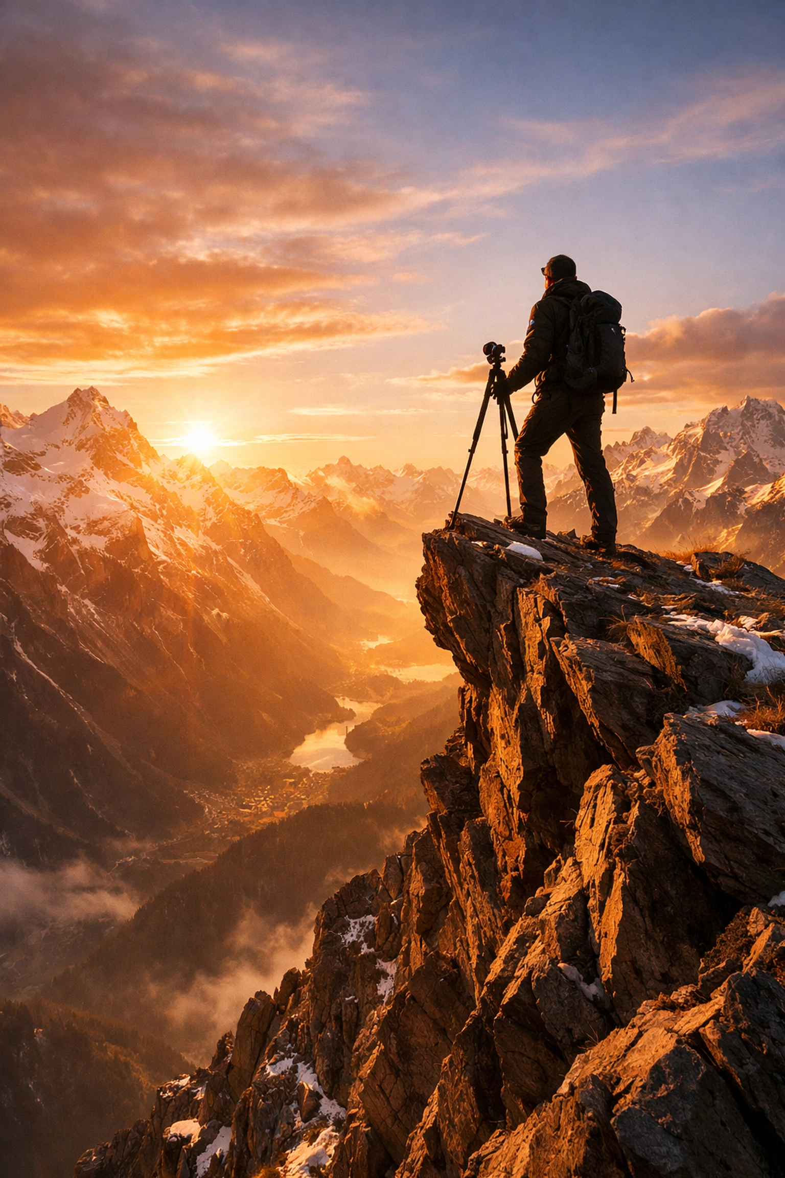 Photographer on a mountain cliff at golden hour applying skills from advanced photography tutorials.