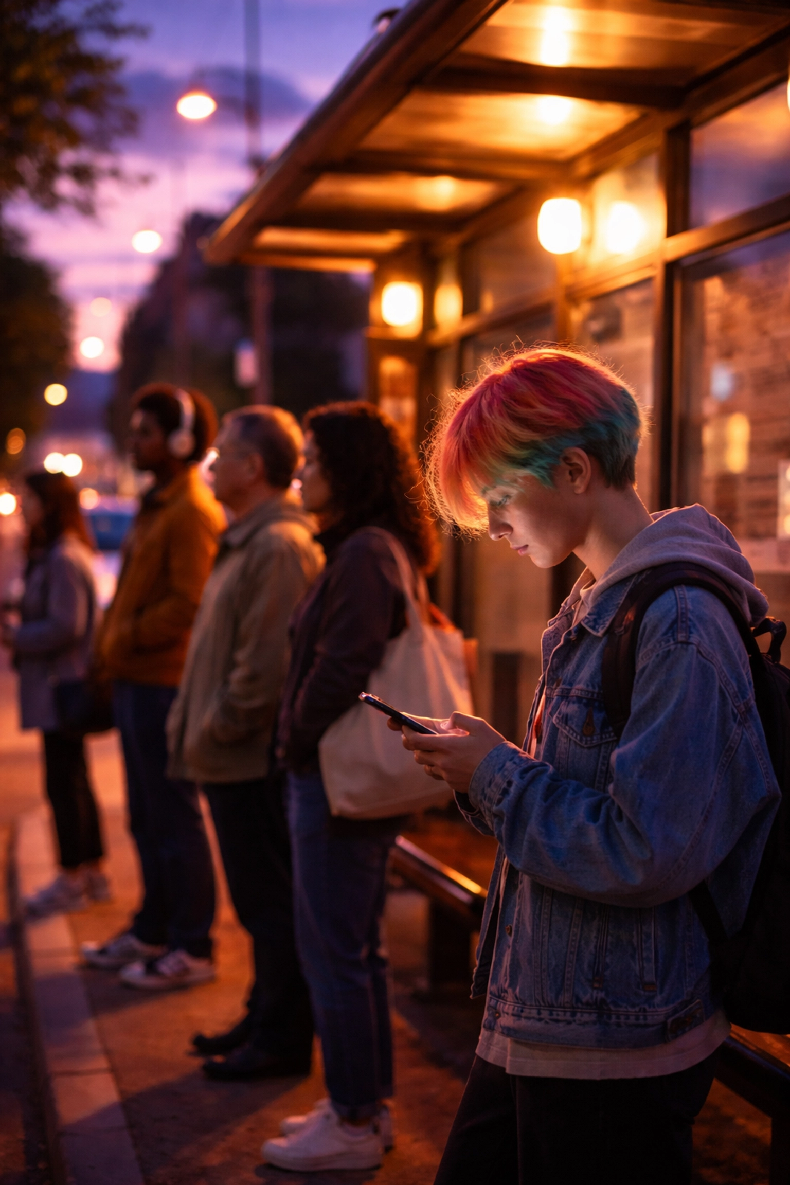 Diverse people at a bus stop in warm evening light, representing safe, inclusive public transit for LGBTQ and trans riders
