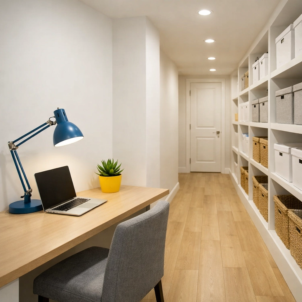 Clean and organized basement home office in Massachusetts with bright white walls and spotless wood flooring.