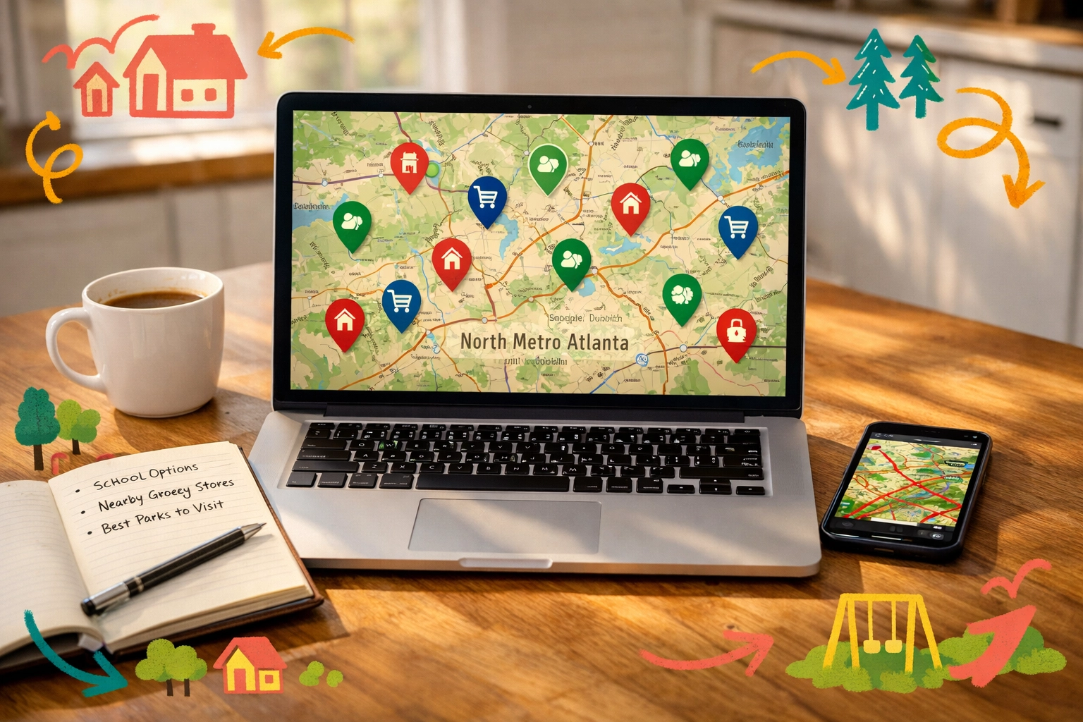 Laptop displaying North Metro Atlanta relocation research with school and commute planning tools Laptop displaying North Metro Atlanta relocation research with school and commute planning tools