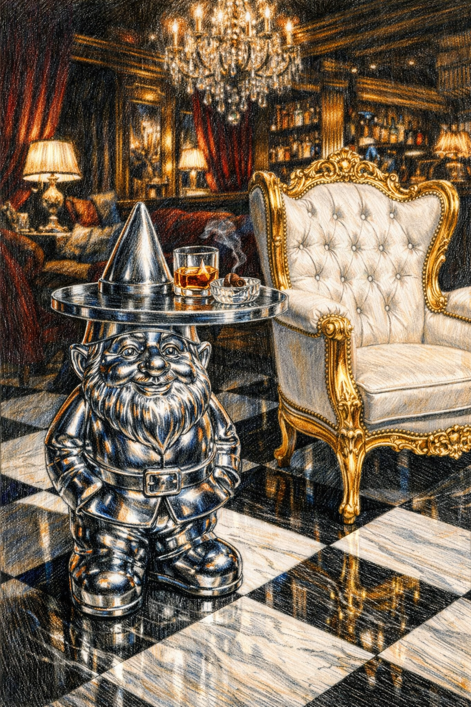 Whimsical luxury hotel interior with a chrome gnome side table and classic furniture.
