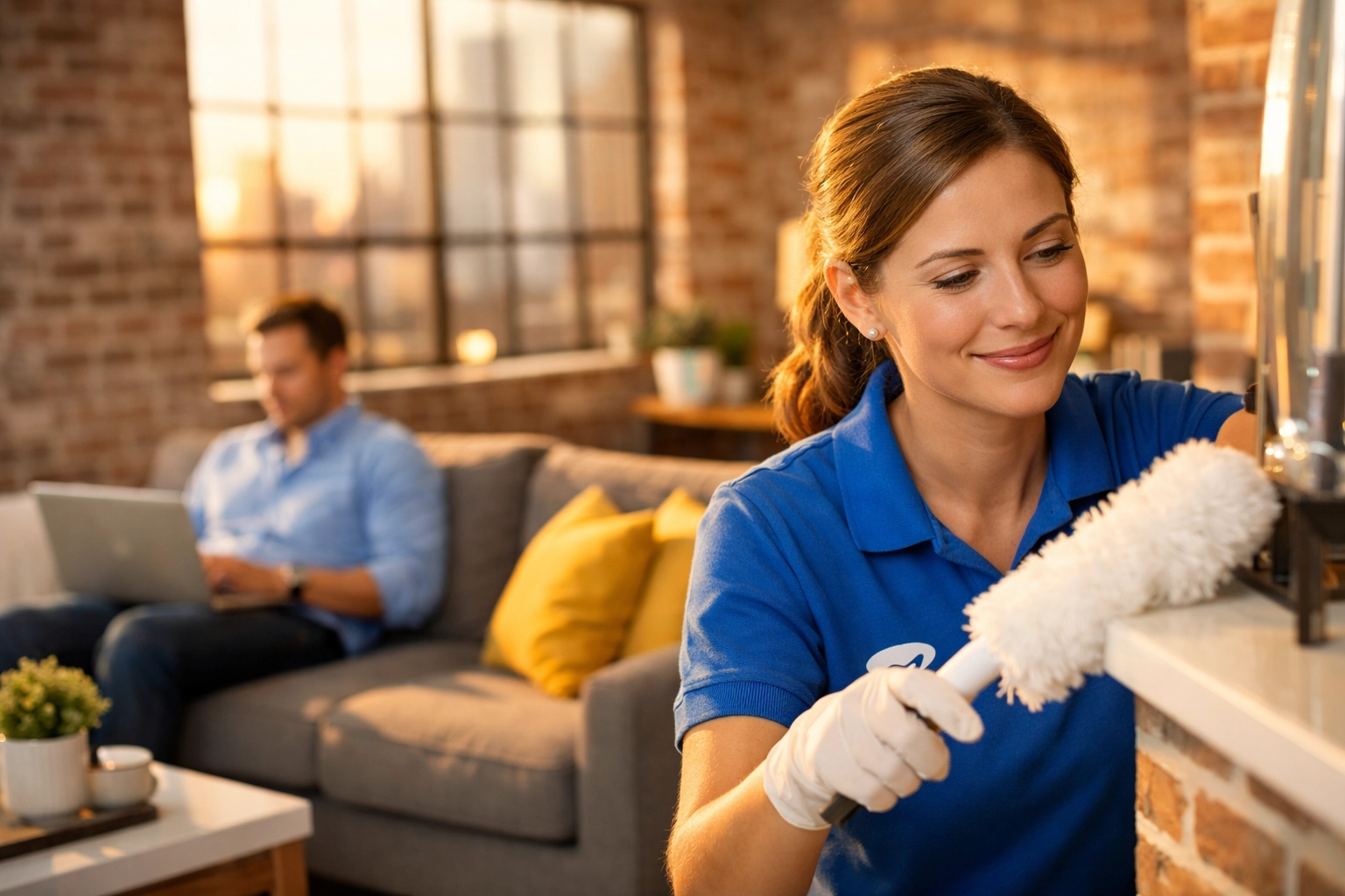 Expert Apartment Cleaning South Boston provided by a vetted professional in a modern Southie living room with brick walls.