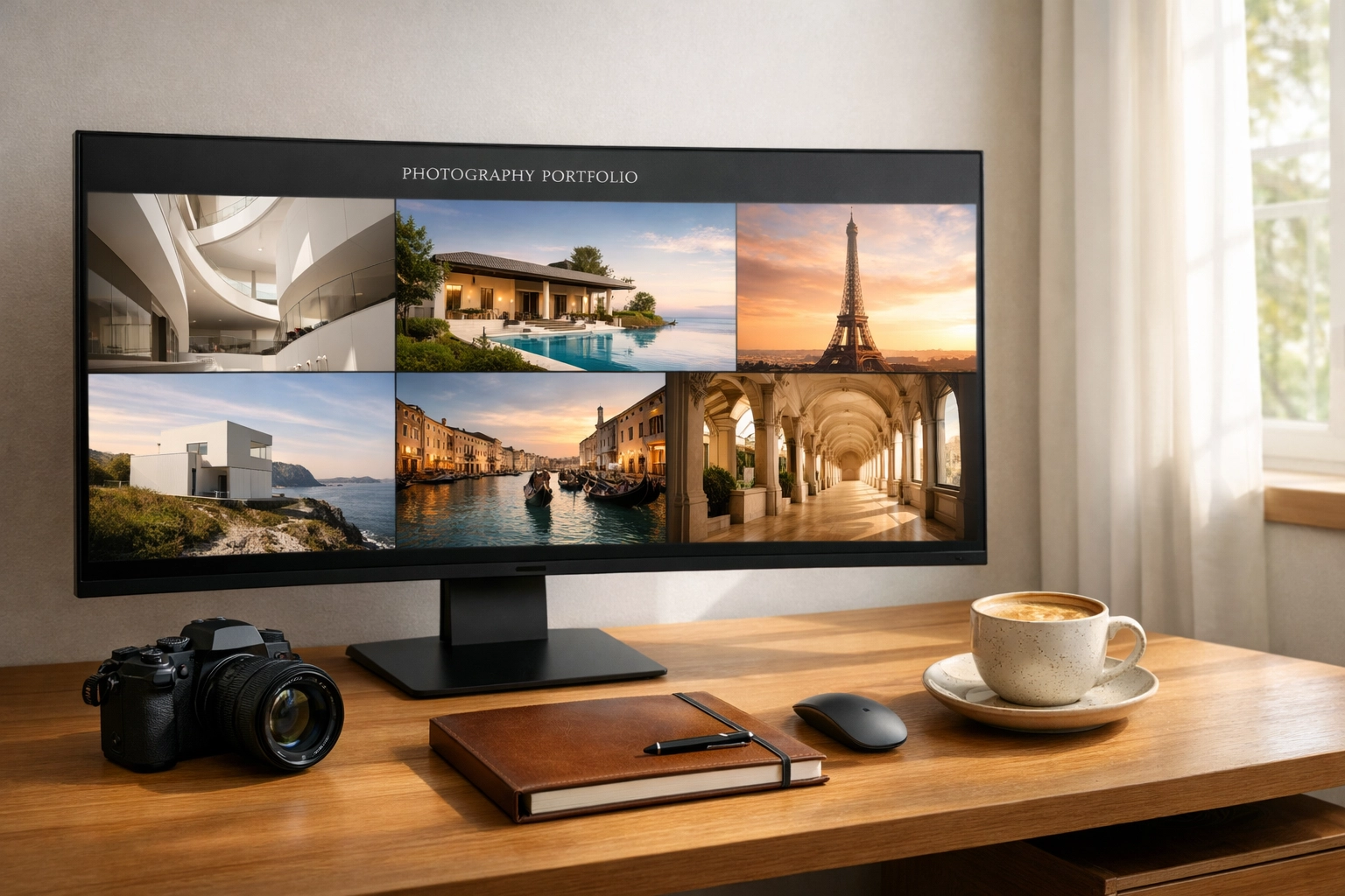 10 Reasons Your Photography Business Isn't Working (And How ProShoot.io Fixes It) 1 A professional photography workspace featuring a curated portfolio on a high-end monitor for business growth.