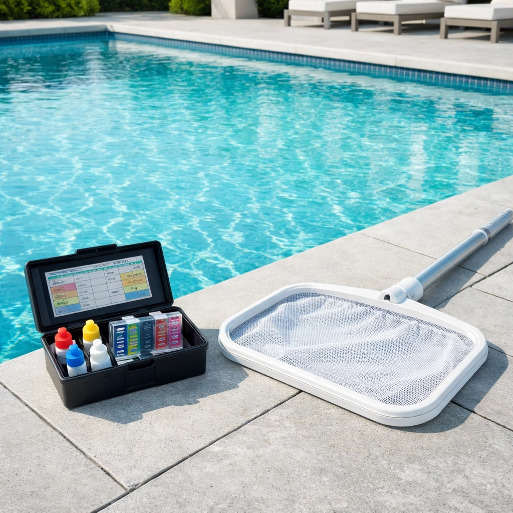 Professional pool equipment by a clean swimming pool, essential for high pool route valuation.