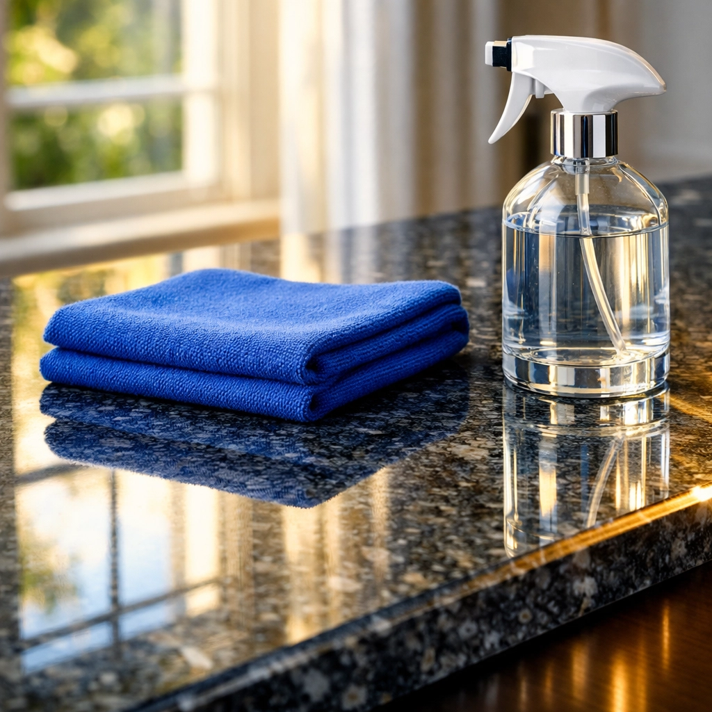 Professional maid service Cambridge cleaning a luxury granite countertop with expert care during a move-out.