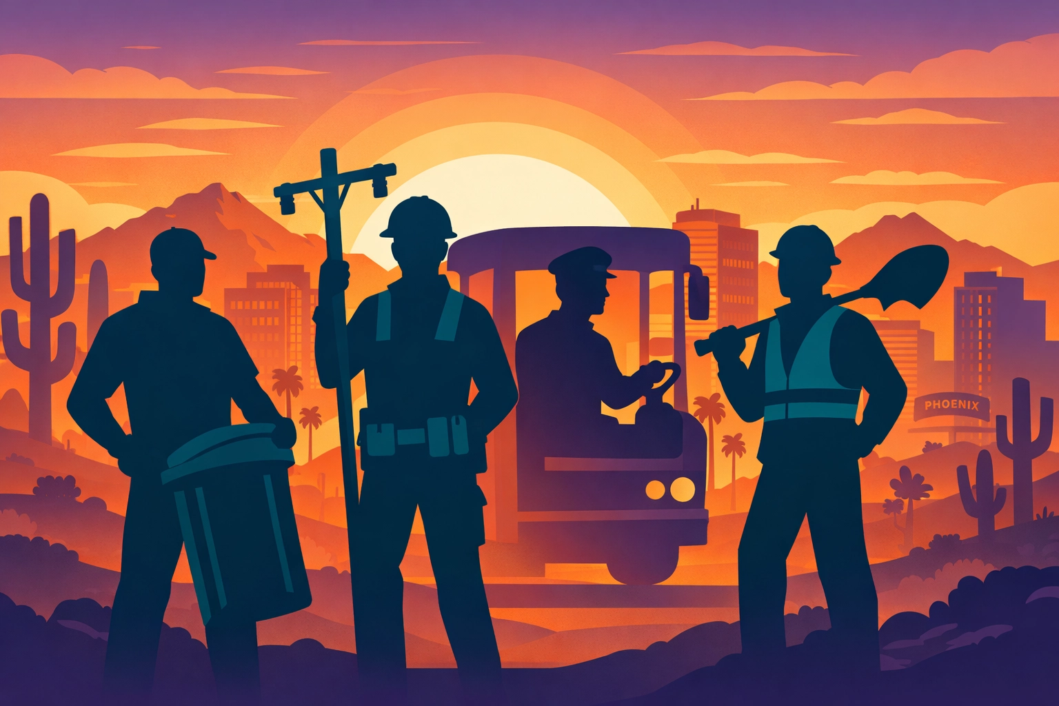 Public works heroes silhouettes against Phoenix skyline including utility and transit workers