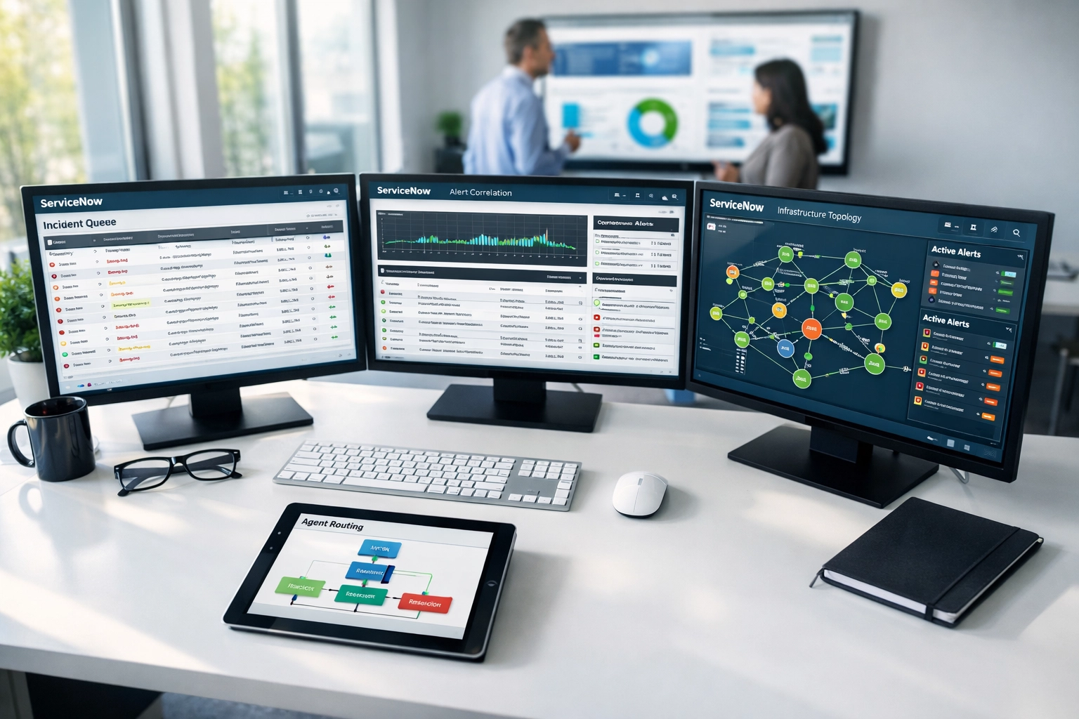 IT operations center monitoring ServiceNow ITOM dashboards with incident management workflows