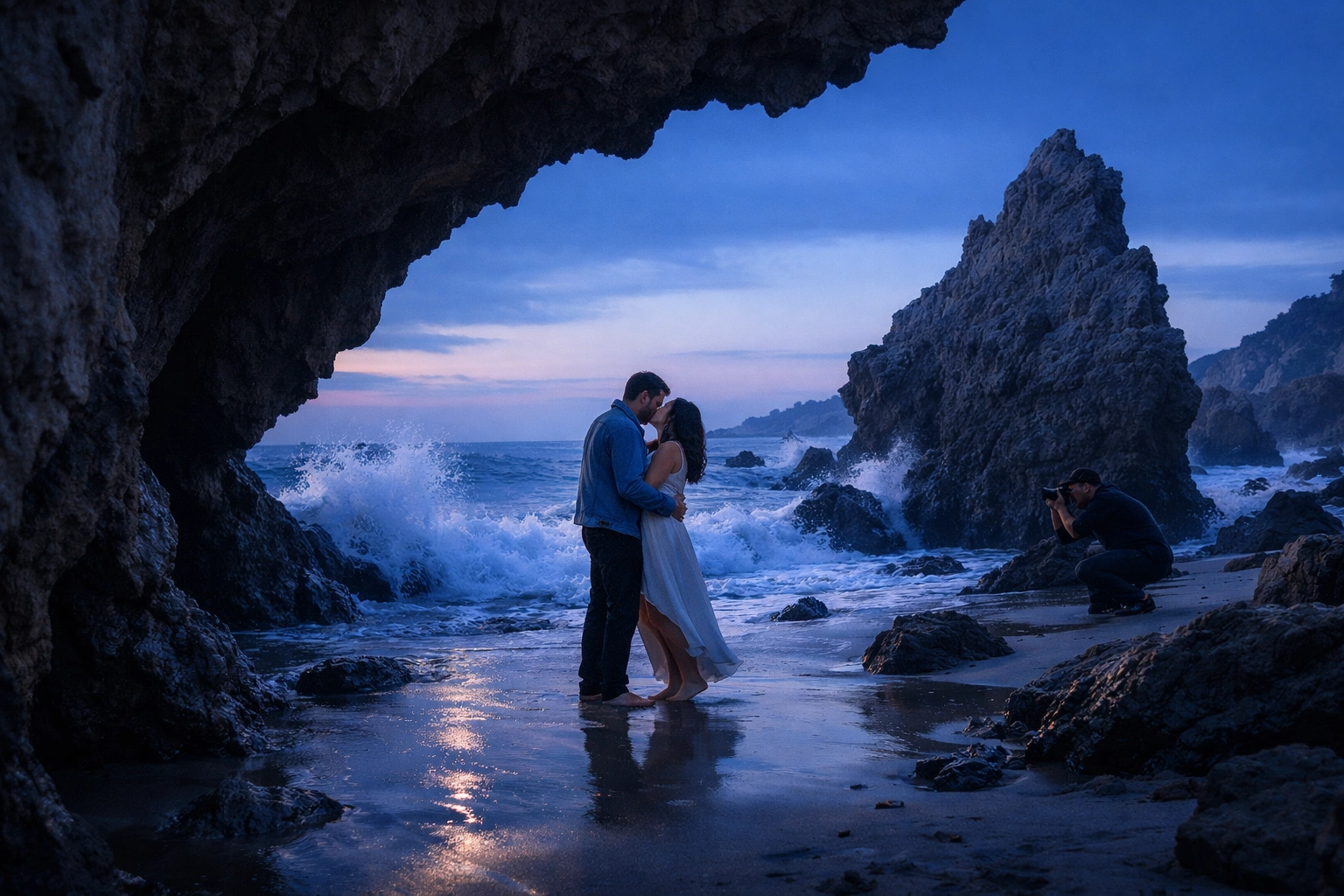 Professional photographer capturing a couple's session at El Matador State Beach in Malibu.