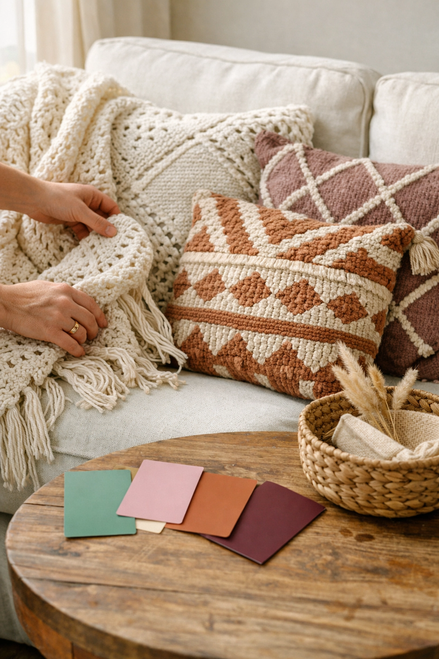 Styling a boho home with a handcrafted crochet throw and color palette swatches for 2026 interior design trends.