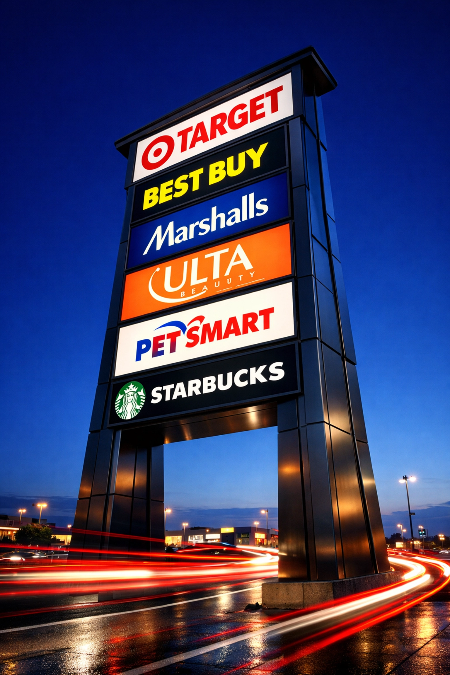 Illuminated multi-tenant pylon sign at an Albany shopping plaza entrance during twilight with traffic light trails.