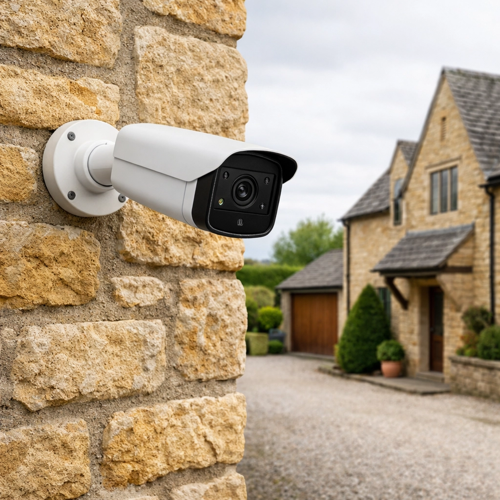 Discreet NVR IP security camera installed on a traditional stone property in Gloucestershire.