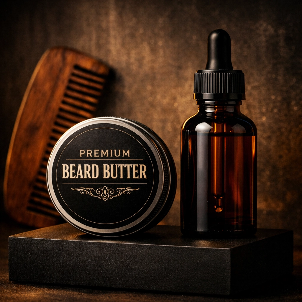 Premium beard butter and beard oil bottle set representing a complete daily grooming foundation.