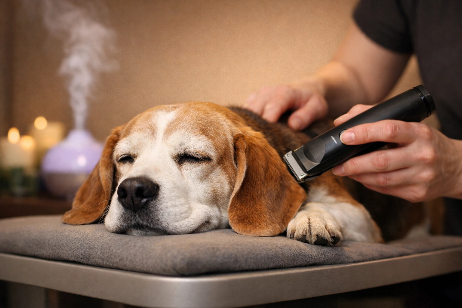 A senior Beagle relaxes during a calm, holistic grooming session with aromatherapy at Green Acres K-9 Resort.