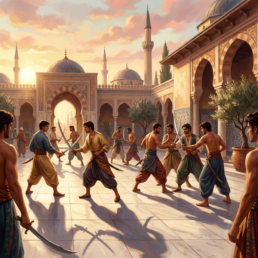 Young ghilman warriors training with swords in Ottoman palace courtyard