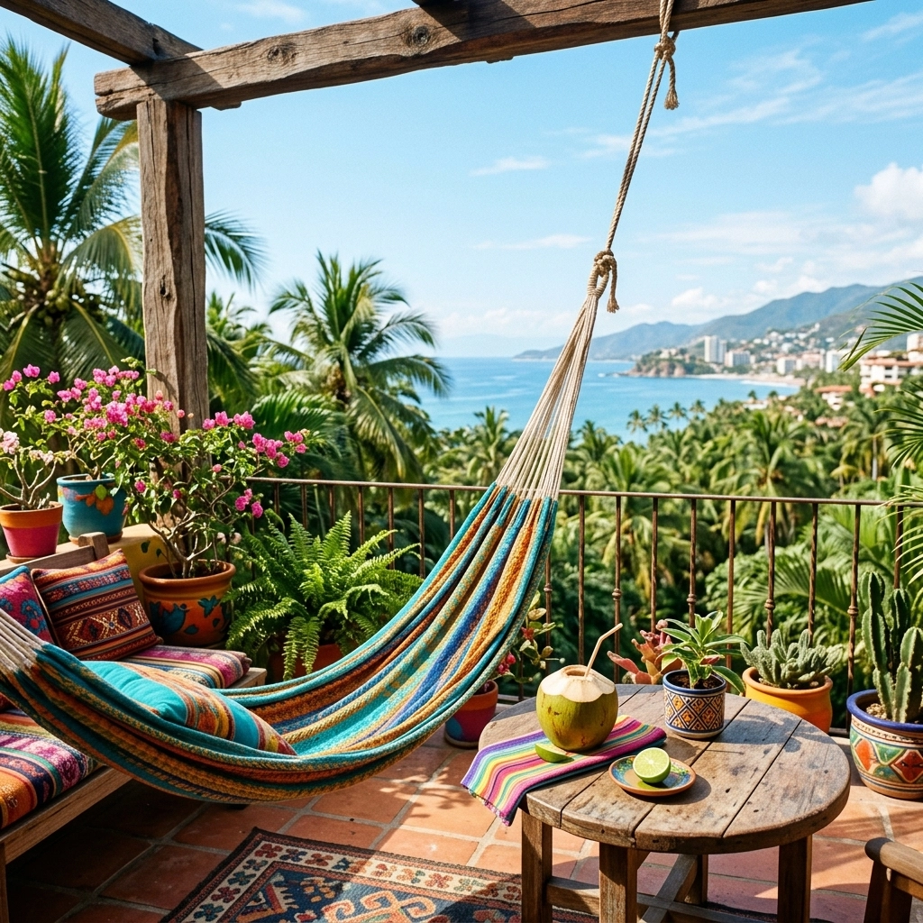 A cozy balcony in Puerto Vallarta with a hammock and a fresh coconut drink.