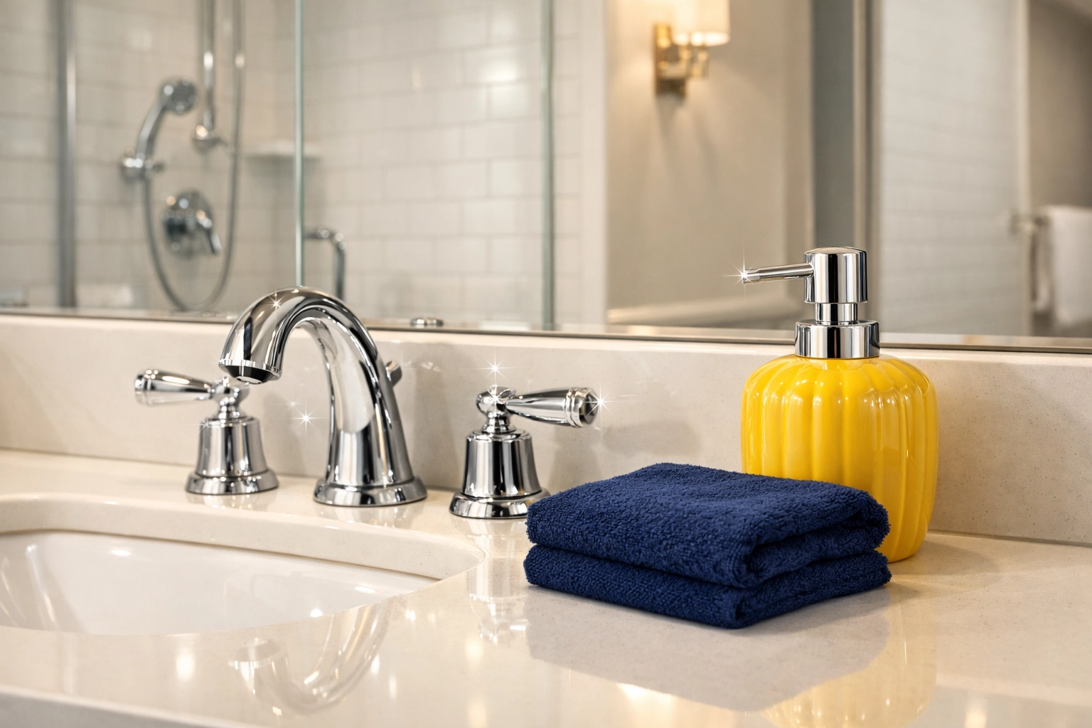 Sparkling clean master bathroom vanity and shower highlighting professional house cleaning Franklin.