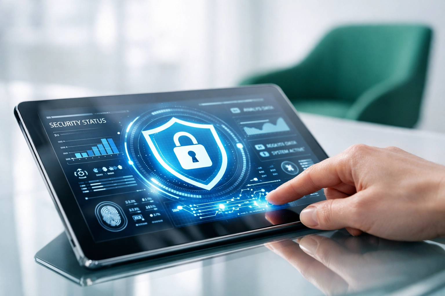 Close-up of a tablet interface showcasing professional website maintenance and security services.