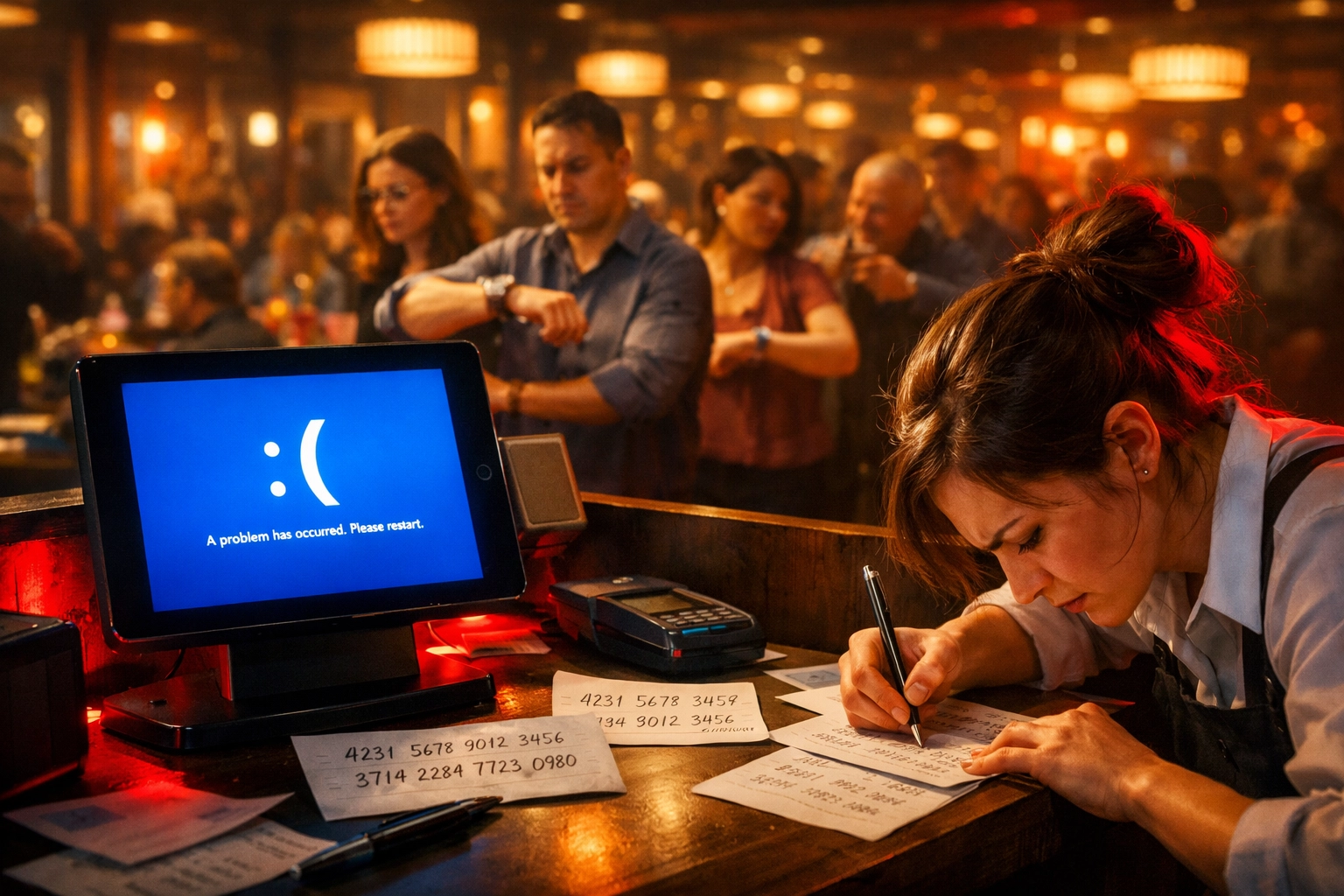 Restaurant server manually writing orders as iPad POS system crashes during busy dinner service