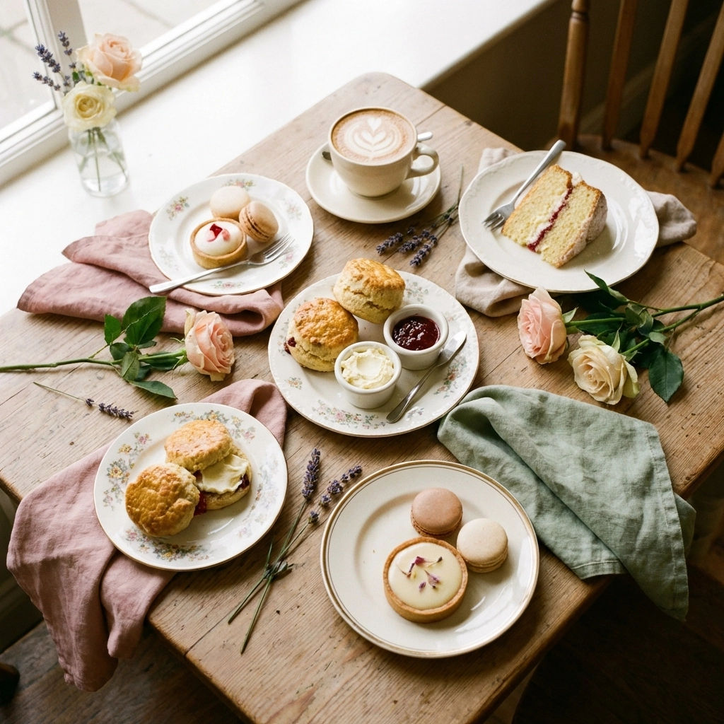 Freshly baked scones, Victoria sponge, pastries, and coffee on a rustic cafe table at Little Dreams Cafe Felixstowe