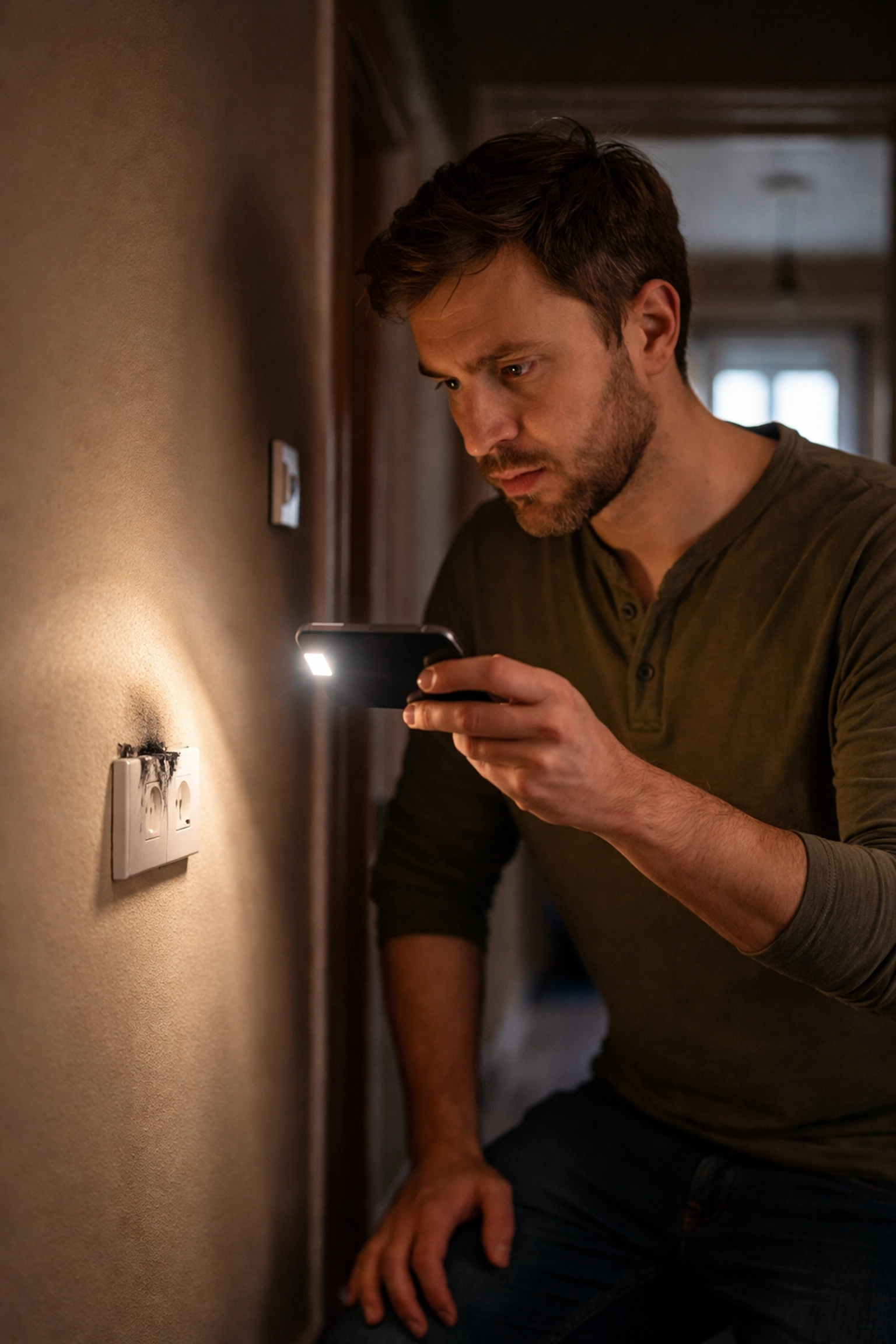 Homeowner examines a scorched wall outlet during an electrical emergency in a modern Rugby home