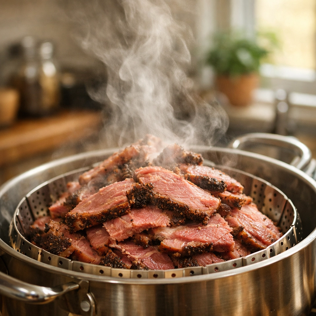 Steaming sliced Montreal smoked meat at home to preserve moisture and spice flavor.