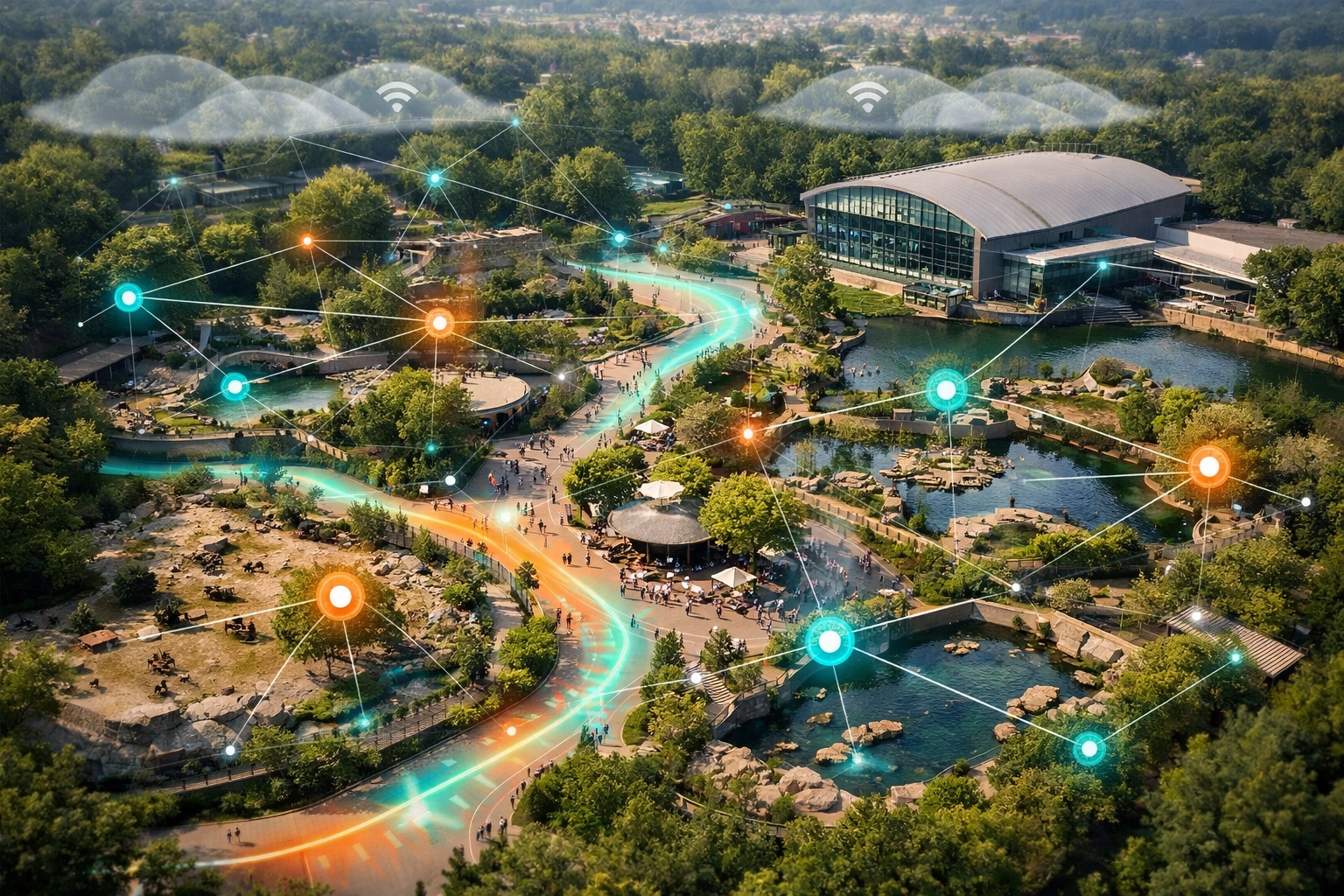 Aerial view of a smart zoo using IoT sensors and heat mapping for optimized venue management.