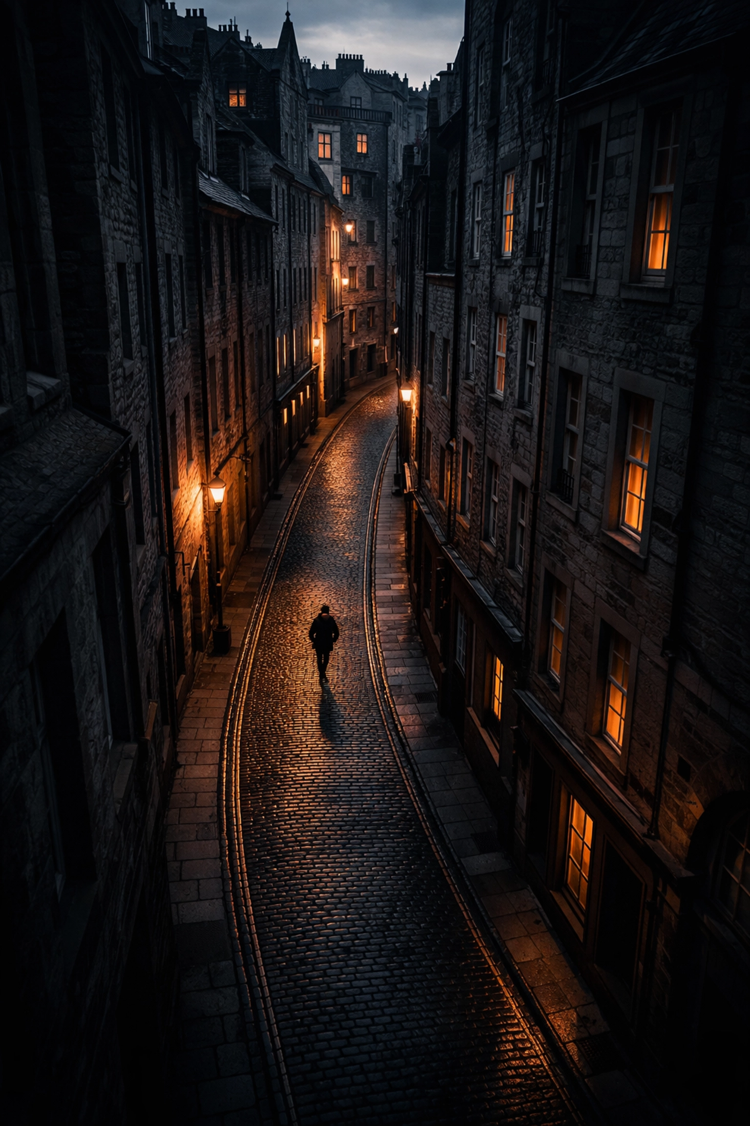 Aerial view of a winding European street at dusk with dramatic lighting, evoking the wonder of spontaneous urban exploration