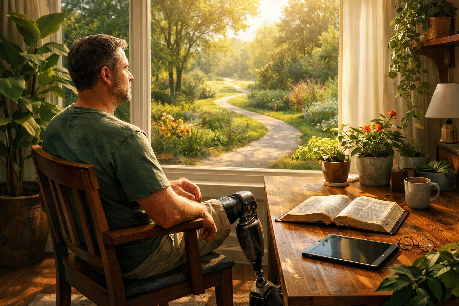 A man with a prosthetic leg studying the Bible at home, illustrating spiritual growth and accessibility.