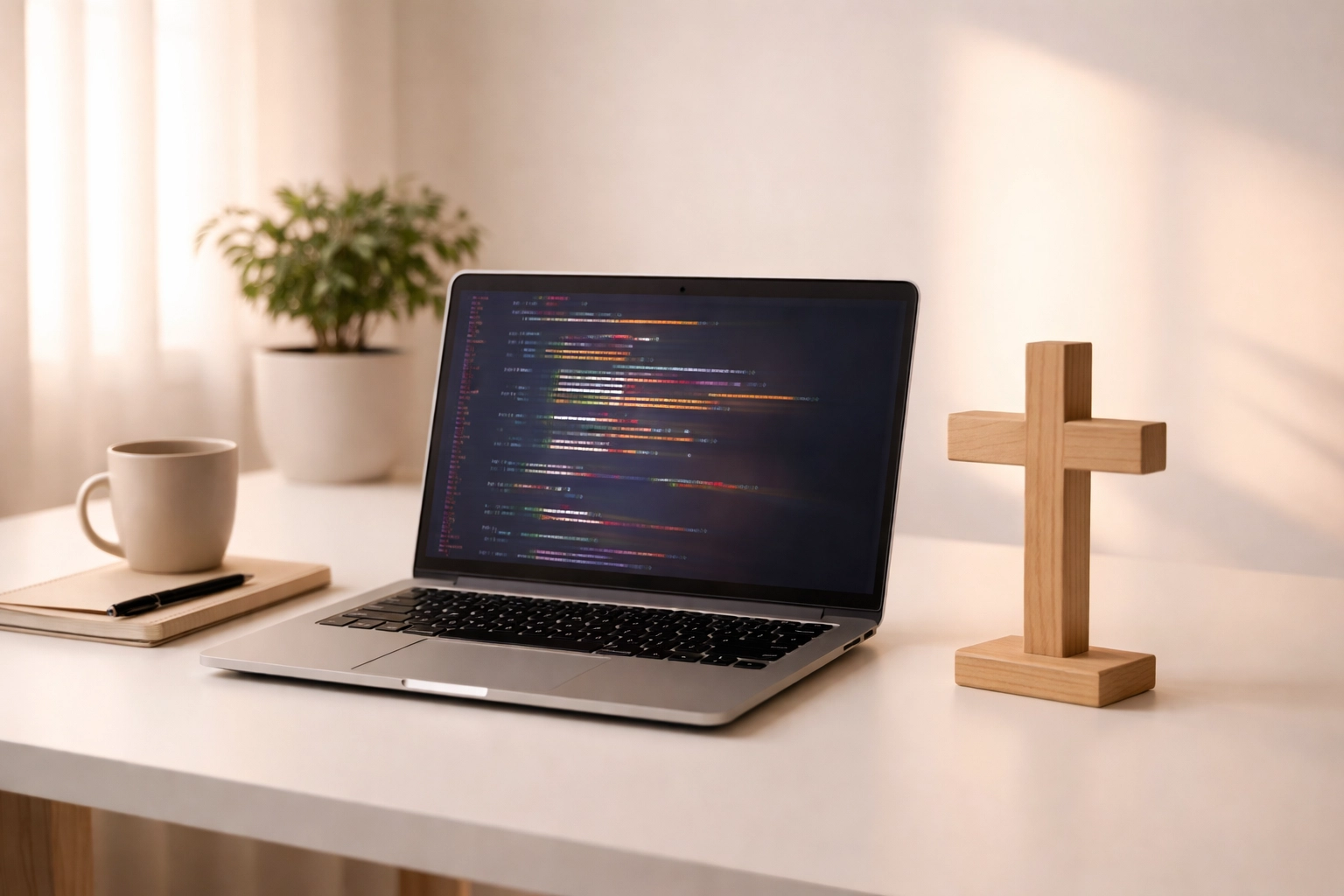 Christian creative workspace with laptop and cross symbolizing faith and AI technology