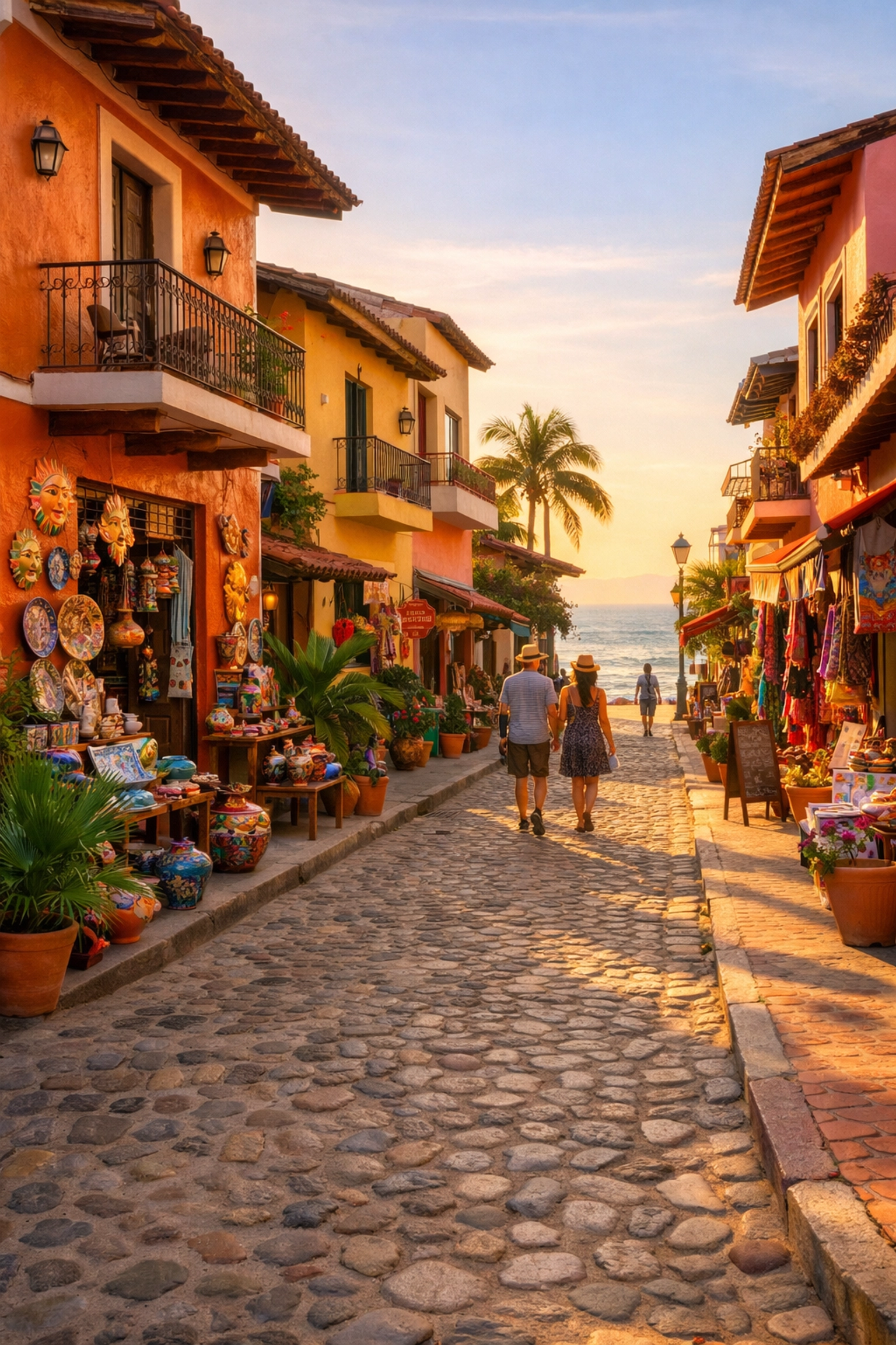 Colorful cobblestone street in Zona Romantica Puerto Vallarta with local shops and low-rise buildings